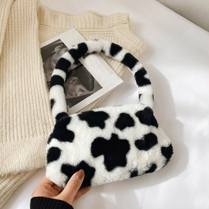 Fashion Women Cow Print Mini Shoulder Bags Female Winter Plush Underarm Bags Leopard Zebra Pattern Fluffy Tote Bags Small Purses