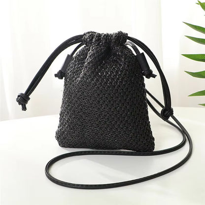 Women Ladies Straw Bag Retro Rattan Tote Handbag Woven Summer Beach Shoulder Bags Drawstring Bag