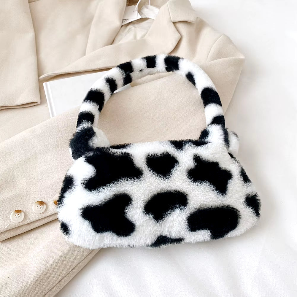 Fashion Women Cow Print Mini Shoulder Bags Female Winter Plush Underarm Bags Leopard Zebra Pattern Fluffy Tote Bags Small Purses