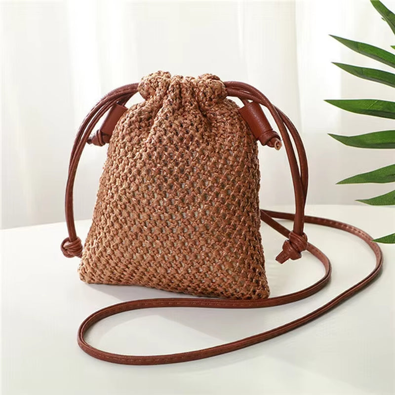 Women Ladies Straw Bag Retro Rattan Tote Handbag Woven Summer Beach Shoulder Bags Drawstring Bag