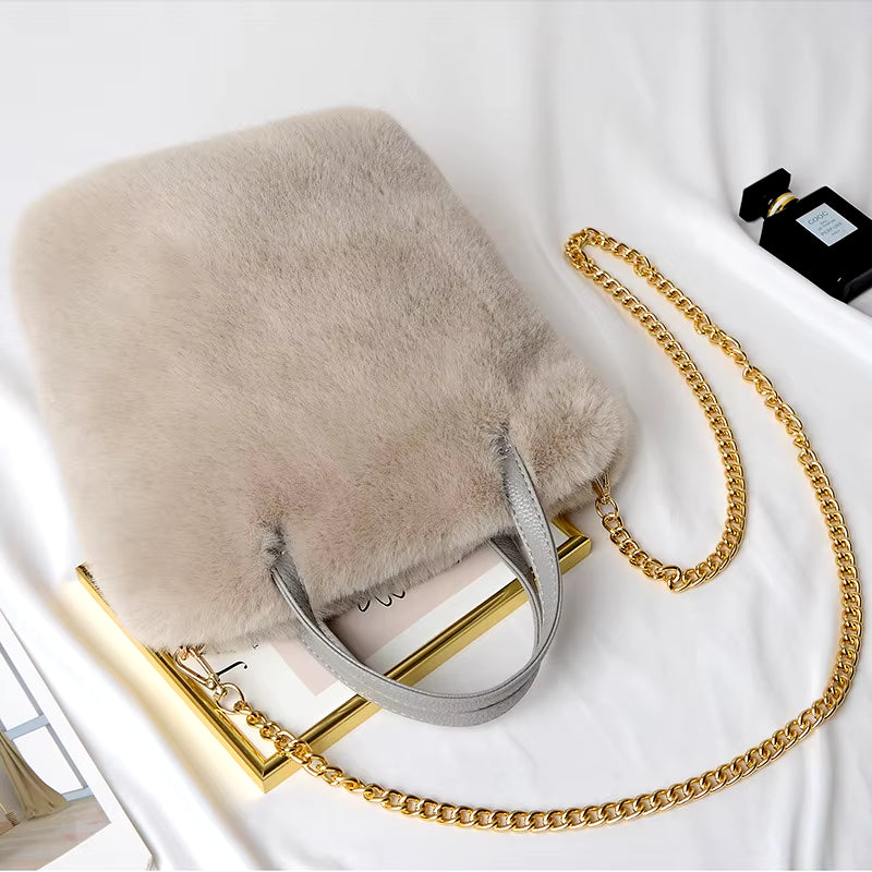 Fluffy Tote Bag for Women 2023 Trend with Sling Chains Shoulder Strap Crossbody Shopping Shopper Faux Fur Simple Bucket Handbags