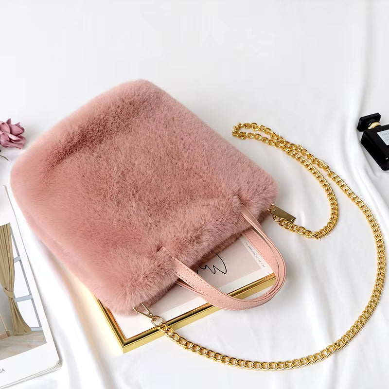 Fluffy Tote Bag for Women 2023 Trend with Sling Chains Shoulder Strap Crossbody Shopping Shopper Faux Fur Simple Bucket Handbags