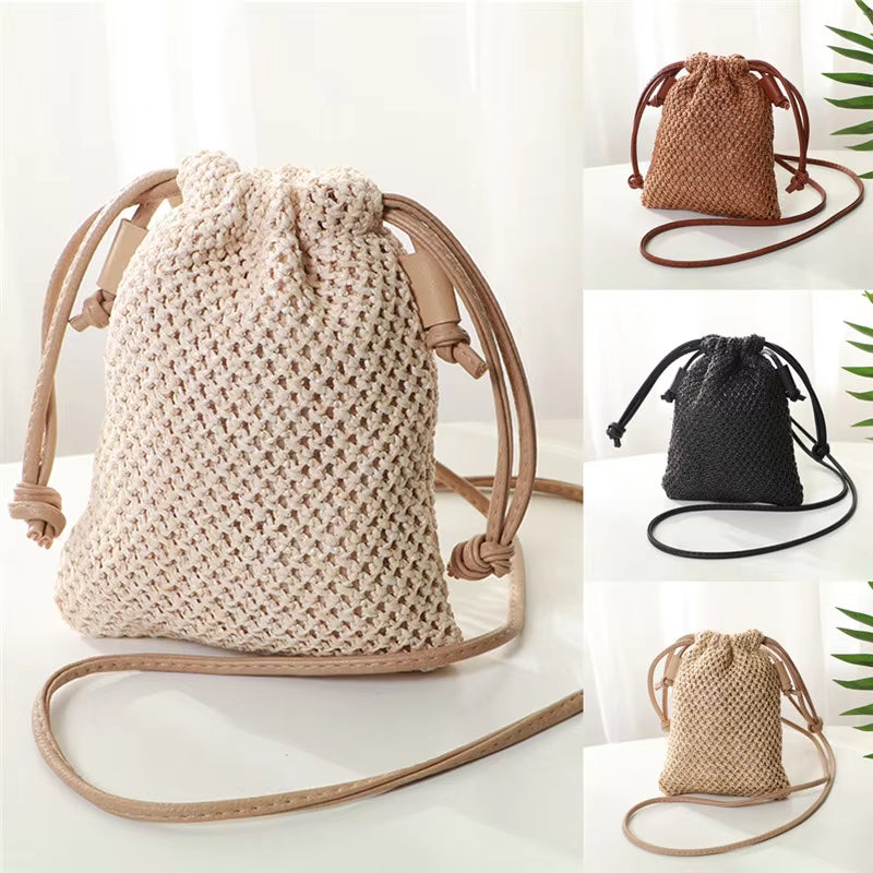 Women Ladies Straw Bag Retro Rattan Tote Handbag Woven Summer Beach Shoulder Bags Drawstring Bag