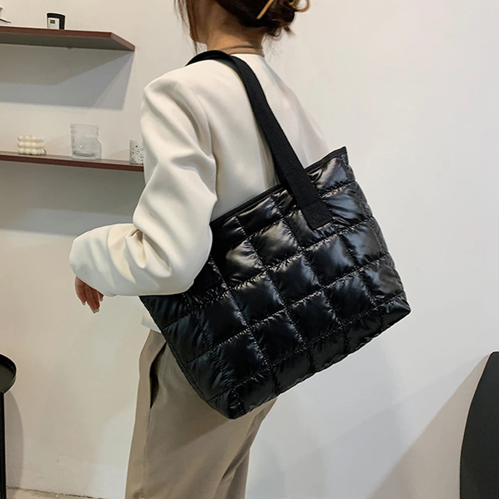 New Winter Lozenge Tote Bag Space Cotton Handbag Large Capacity Shoulder Bag Warm down Handbag Casual Portable Handle Bag