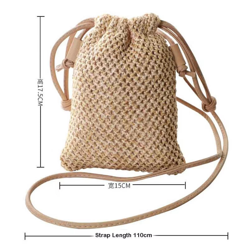 Women Ladies Straw Bag Retro Rattan Tote Handbag Woven Summer Beach Shoulder Bags Drawstring Bag