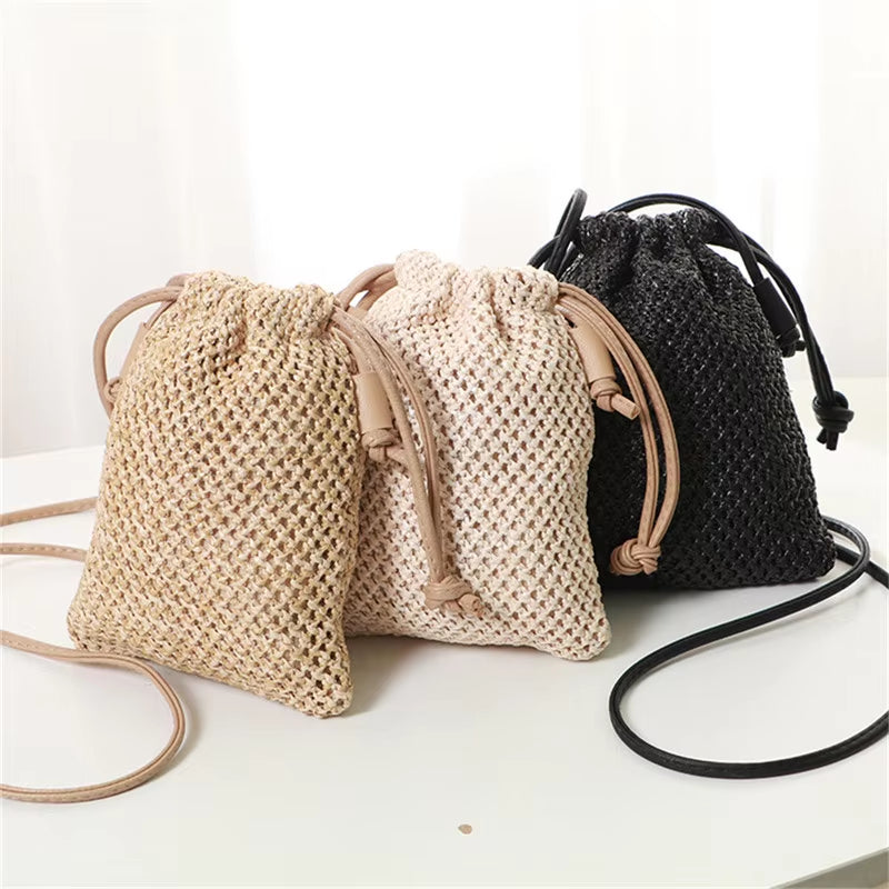 Women Ladies Straw Bag Retro Rattan Tote Handbag Woven Summer Beach Shoulder Bags Drawstring Bag