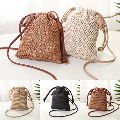 Women Ladies Straw Bag Retro Rattan Tote Handbag Woven Summer Beach Shoulder Bags Drawstring Bag