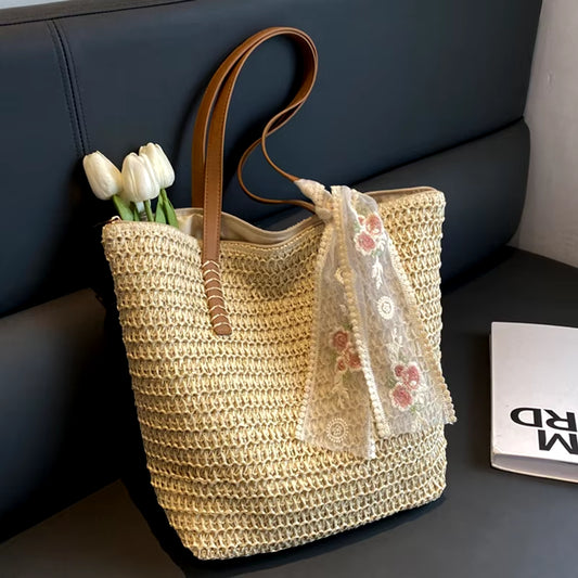 Summer Large Capacity Tote Bag Women Shoulder Bag Handmade Woven Bag Fresh Rural Handheld Grass Woven Women Bag