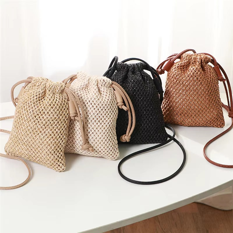 Women Ladies Straw Bag Retro Rattan Tote Handbag Woven Summer Beach Shoulder Bags Drawstring Bag