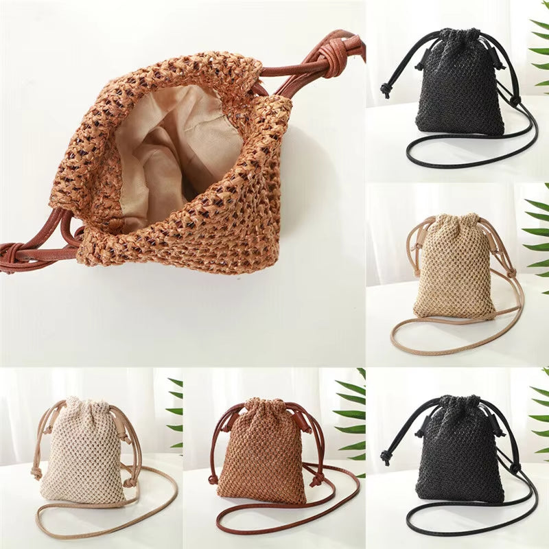 Women Ladies Straw Bag Retro Rattan Tote Handbag Woven Summer Beach Shoulder Bags Drawstring Bag