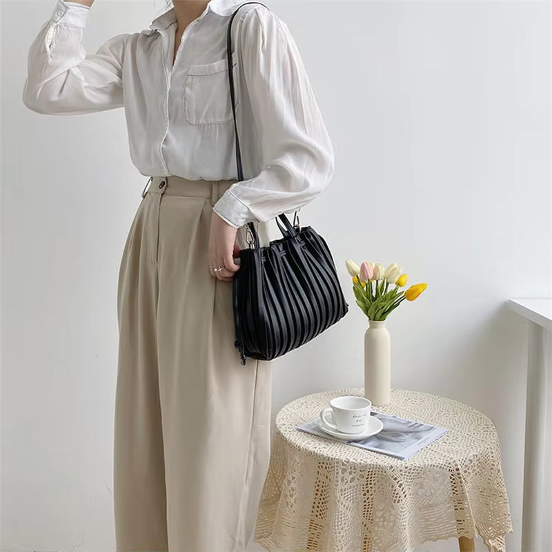 Women Bag 2020 Autumn Winter Korean PU Bucket Casual String Soft Shoulder Bag Crossbody Handbag Luxury Euro-America Style Bag