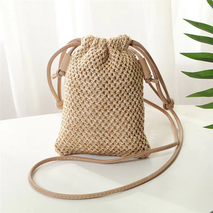 Women Ladies Straw Bag Retro Rattan Tote Handbag Woven Summer Beach Shoulder Bags Drawstring Bag