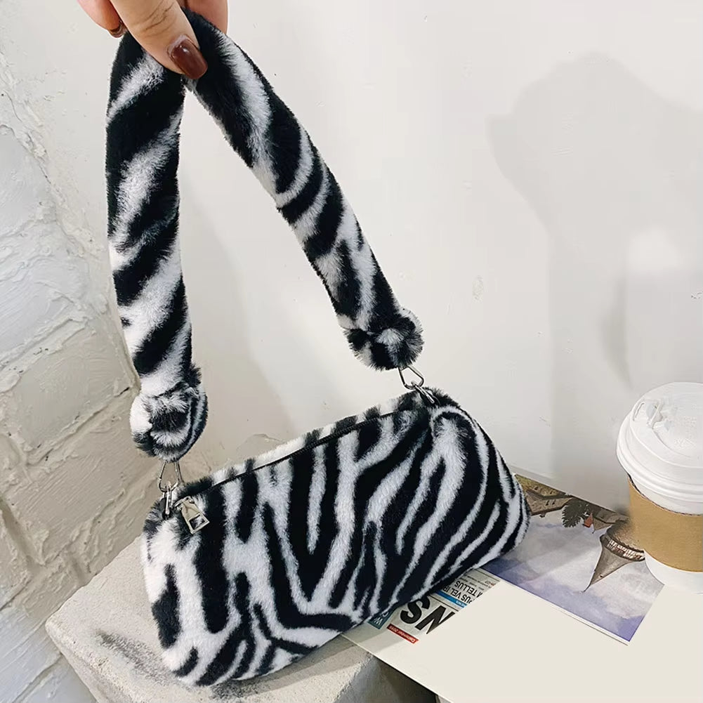 Fashion Women Cow Print Mini Shoulder Bags Female Winter Plush Underarm Bags Leopard Zebra Pattern Fluffy Tote Bags Small Purses