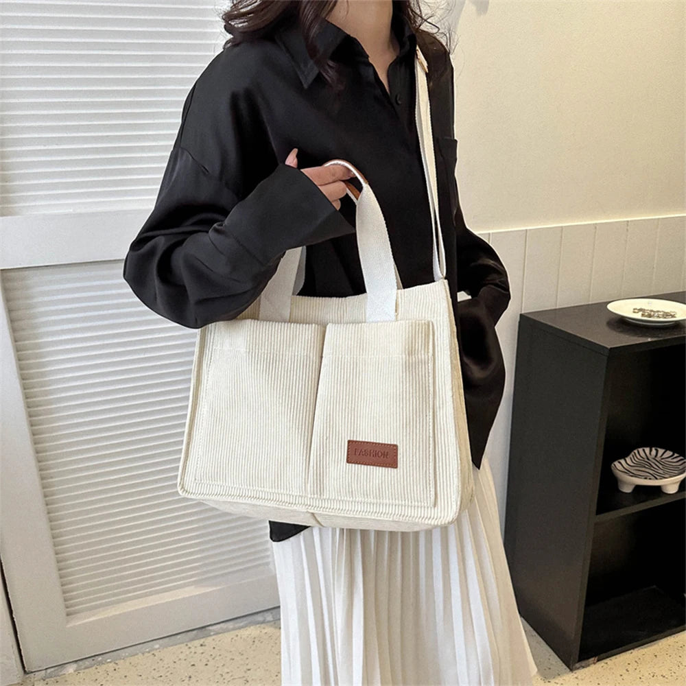 Fashionable Women'S Casual Handbag, Corduroy Tote Bag, Letter Patch Decoration Shoulder Bag, Multi Pocket Crossbody Bag-Ll