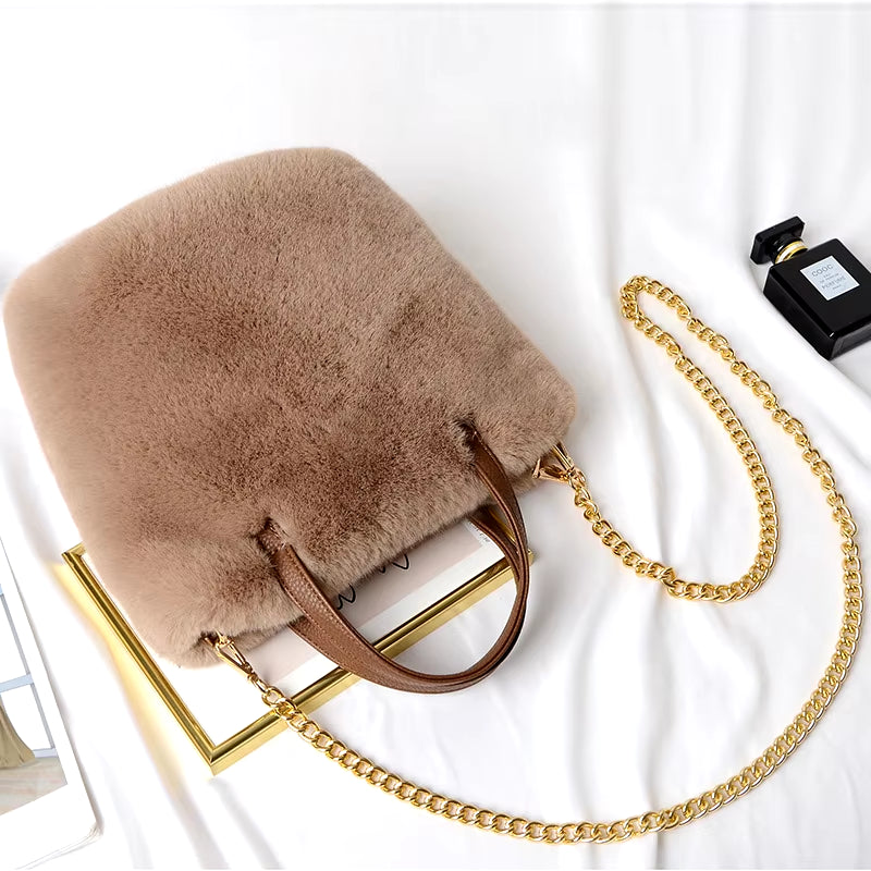 Fluffy Tote Bag for Women 2023 Trend with Sling Chains Shoulder Strap Crossbody Shopping Shopper Faux Fur Simple Bucket Handbags