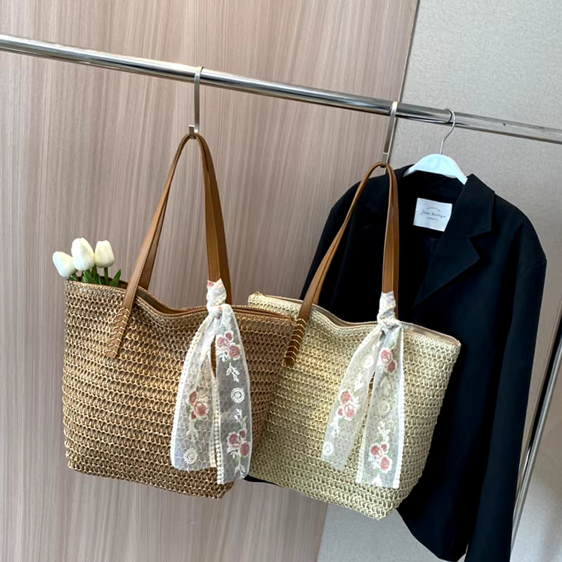 Summer Large Capacity Tote Bag Women Shoulder Bag Handmade Woven Bag Fresh Rural Handheld Grass Woven Women Bag