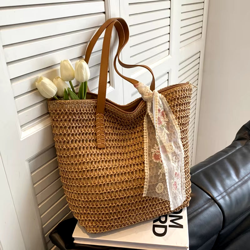 Summer Large Capacity Tote Bag Women Shoulder Bag Handmade Woven Bag Fresh Rural Handheld Grass Woven Women Bag